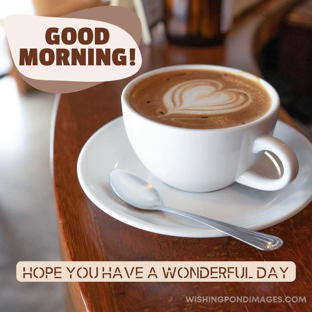 A cup of hot coffee on counter bar coffee shop. Good Morning Coffee Images